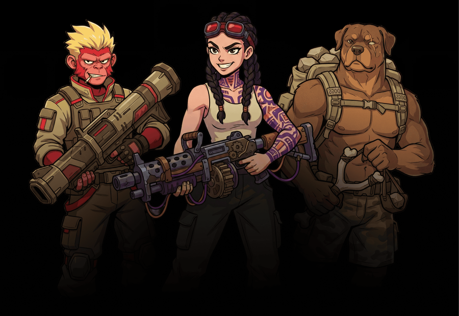 Trois personnages de Madzone, armes à la main
